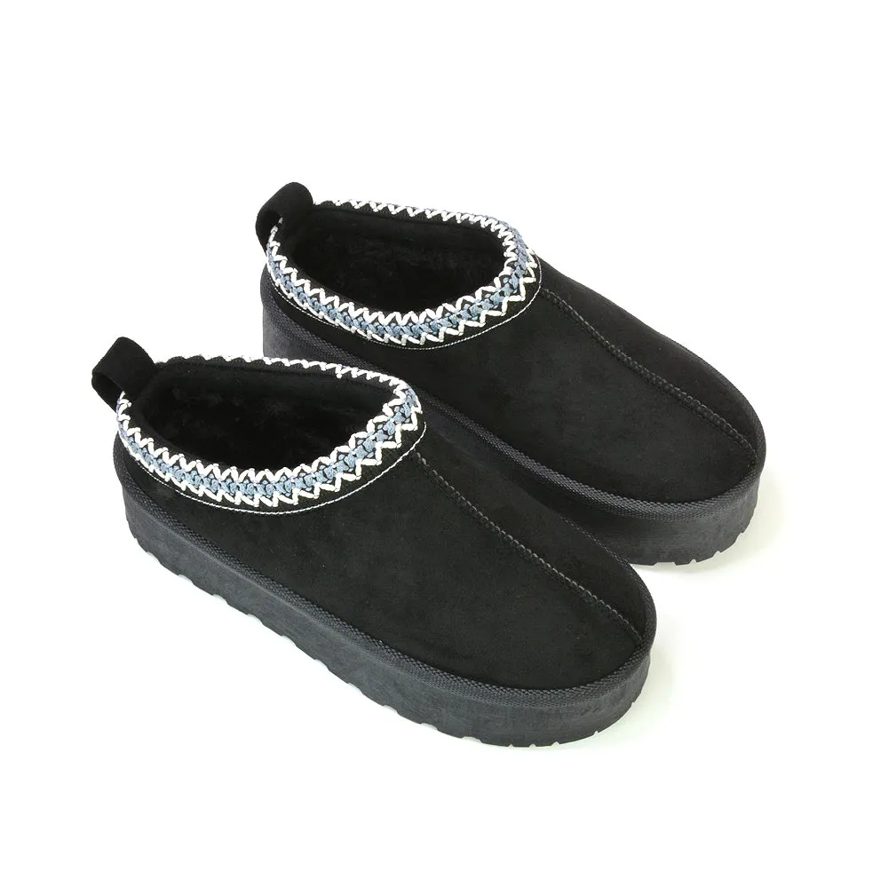 Candice Aztec Slip On Faux Fur Insole Platform Flatform Slipper Ultra Mini Boots in Mushroom