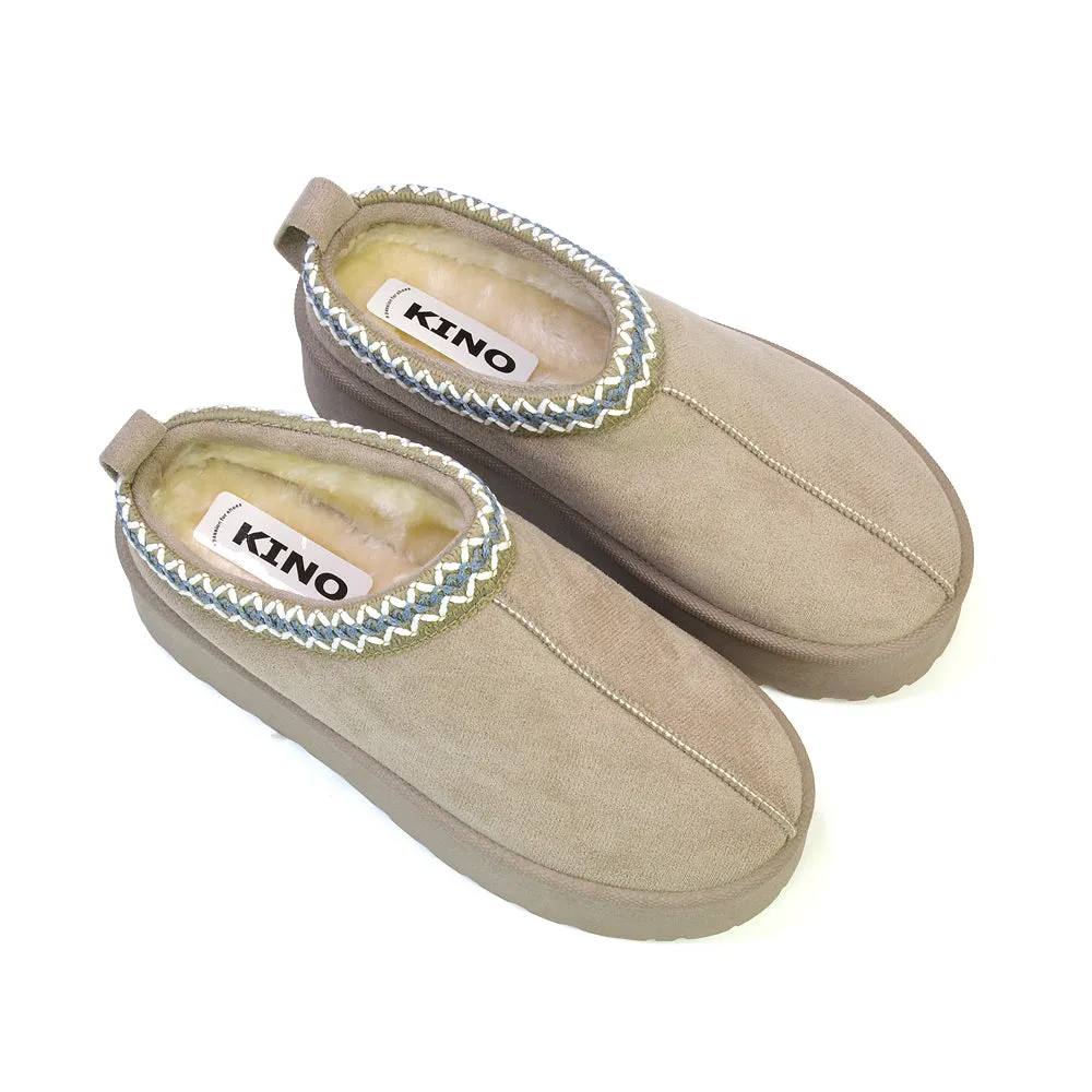 Candice Aztec Slip On Faux Fur Insole Platform Flatform Slipper Ultra Mini Boots in Mushroom
