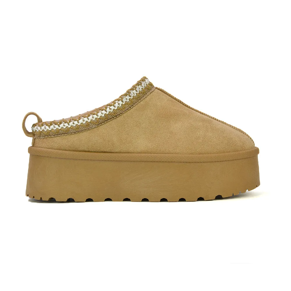 Candice Aztec Slip On Faux Fur Insole Platform Flatform Slipper Ultra Mini Boots in Mushroom