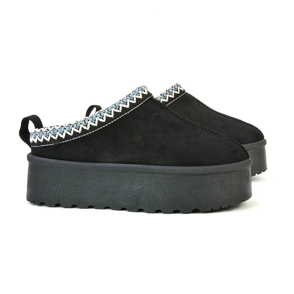 Candice Aztec Slip On Faux Fur Insole Platform Flatform Slipper Ultra Mini Boots in Mushroom