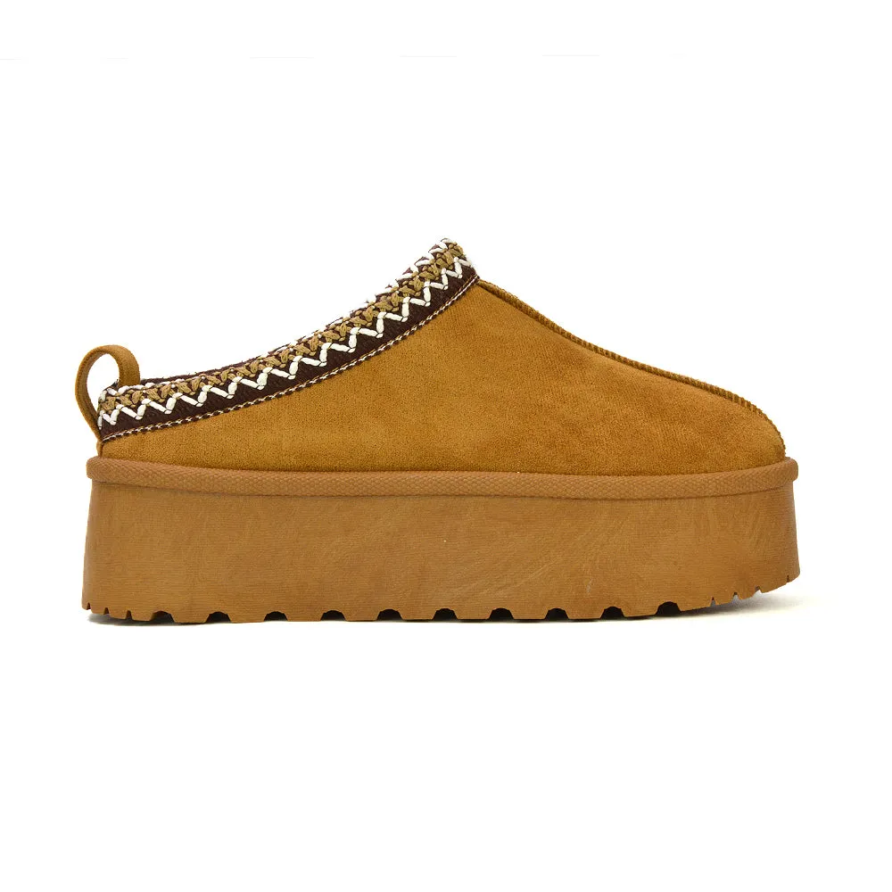 Candice Aztec Slip On Faux Fur Insole Platform Flatform Slipper Ultra Mini Boots in Mushroom