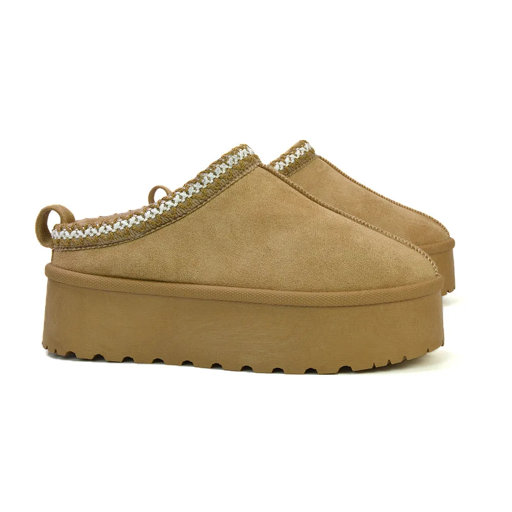 Candice Aztec Slip On Faux Fur Insole Platform Flatform Slipper Ultra Mini Boots in Mushroom