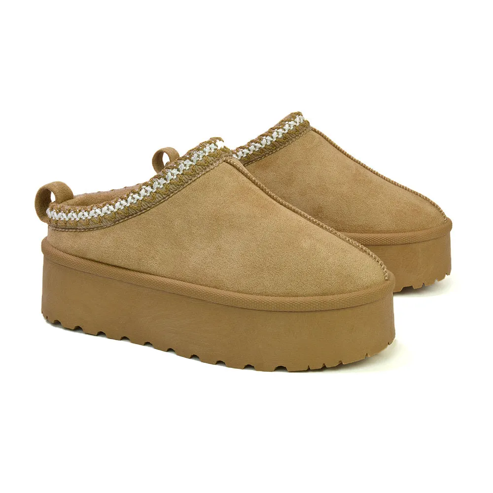 Candice Aztec Slip On Faux Fur Insole Platform Flatform Slipper Ultra Mini Boots in Mushroom