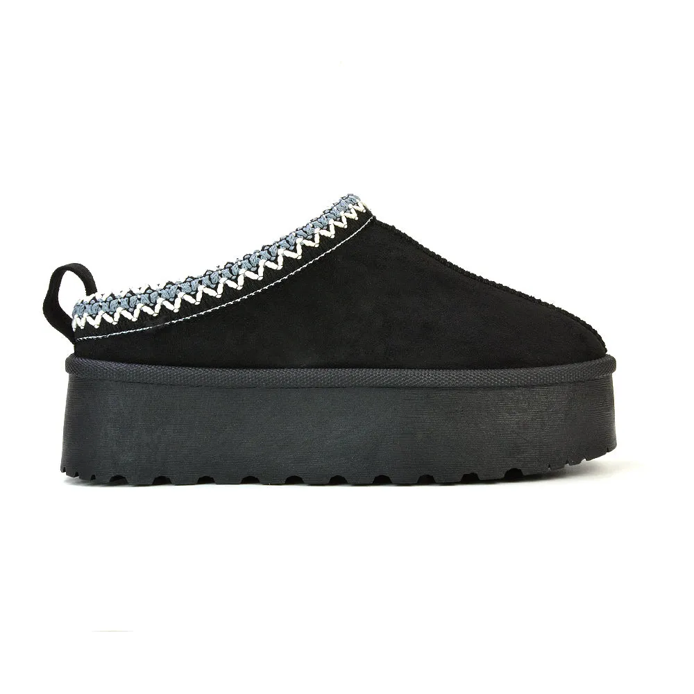 Candice Aztec Slip On Faux Fur Insole Platform Flatform Slipper Ultra Mini Boots in Mushroom