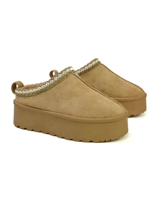 Candice Aztec Slip On Faux Fur Insole Platform Flatform Slipper Ultra Mini Boots in Mushroom