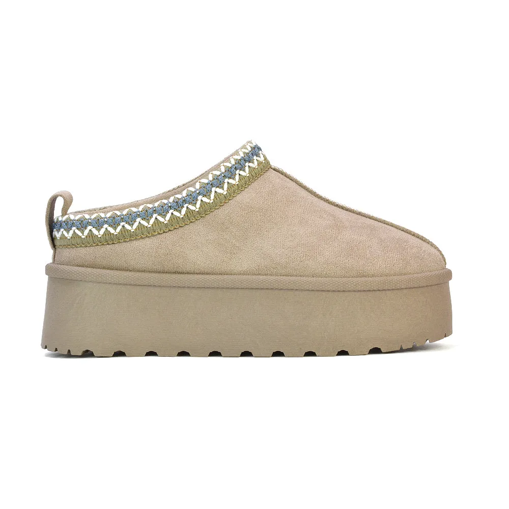 Candice Aztec Slip On Faux Fur Insole Platform Flatform Slipper Ultra Mini Boots in Mushroom