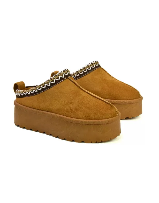 Candice Aztec Slip On Faux Fur Insole Platform Flatform Slipper Ultra Mini Boots in Mushroom