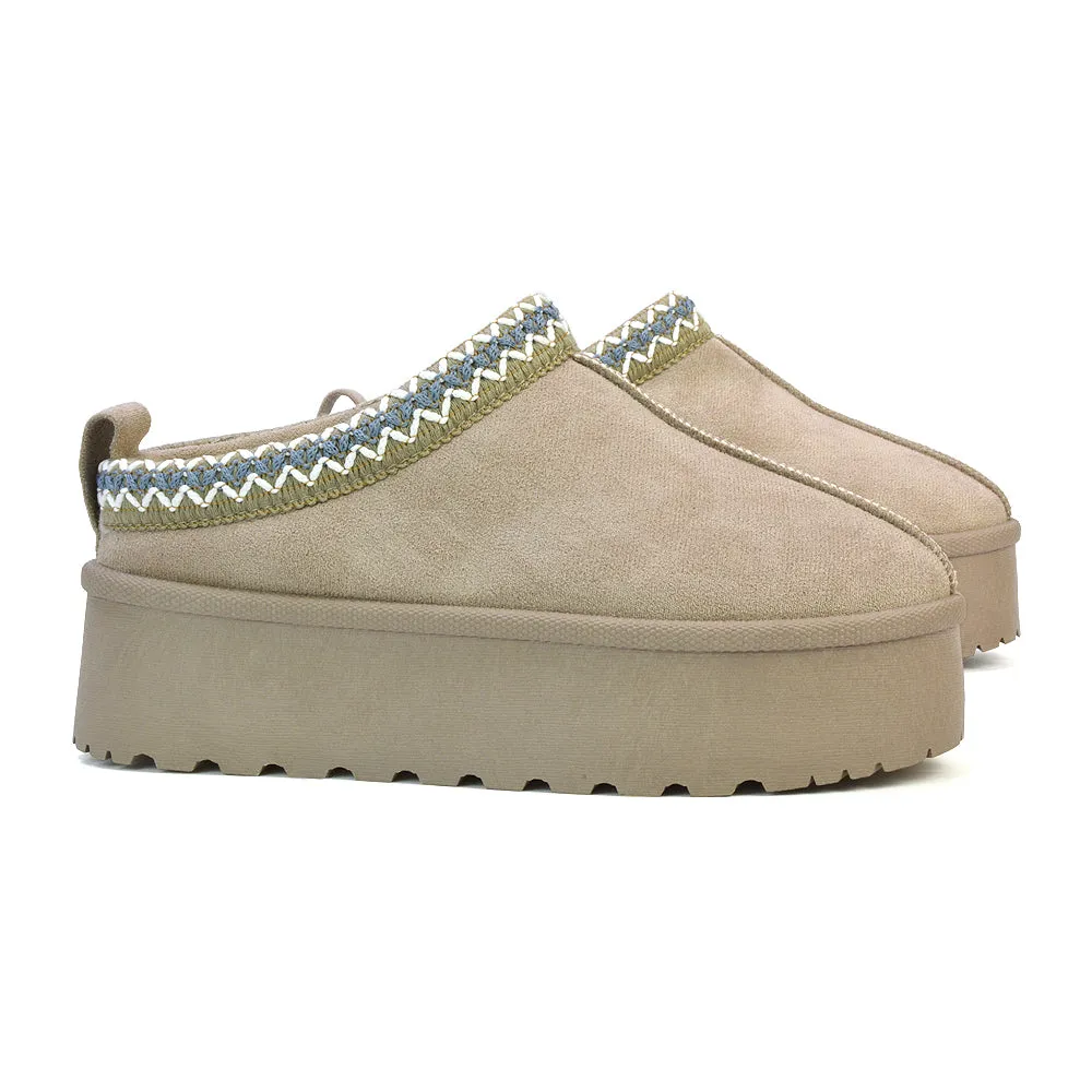 Candice Aztec Slip On Faux Fur Insole Platform Flatform Slipper Ultra Mini Boots in Mushroom