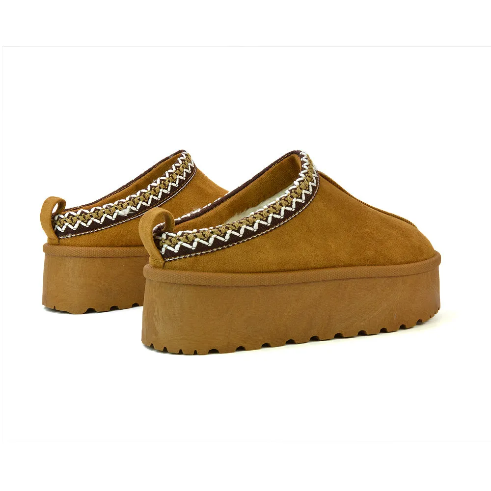 Candice Aztec Slip On Faux Fur Insole Platform Flatform Slipper Ultra Mini Boots in Mushroom