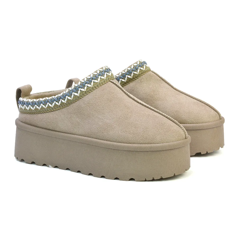 Candice Aztec Slip On Faux Fur Insole Platform Flatform Slipper Ultra Mini Boots in Mushroom