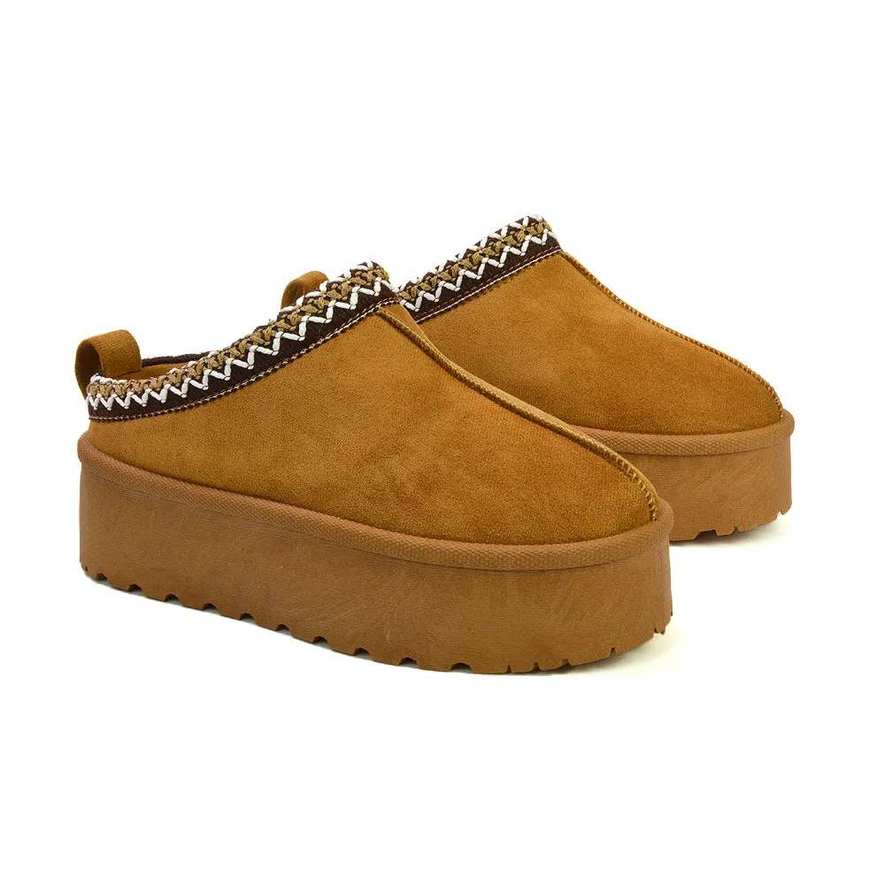 Candice Aztec Slip On Faux Fur Insole Platform Flatform Slipper Ultra Mini Boots in Mushroom
