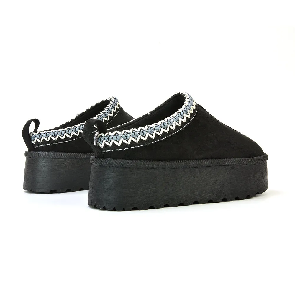 Candice Aztec Slip On Faux Fur Insole Platform Flatform Slipper Ultra Mini Boots in Mushroom