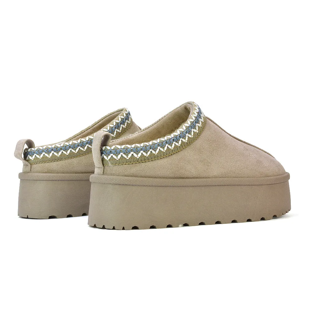 Candice Aztec Slip On Faux Fur Insole Platform Flatform Slipper Ultra Mini Boots in Mushroom