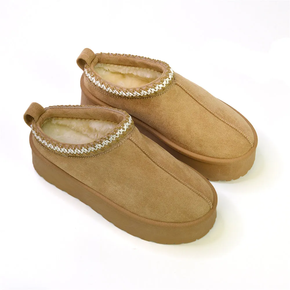 Candice Aztec Slip On Faux Fur Insole Platform Flatform Slipper Ultra Mini Boots in Mushroom