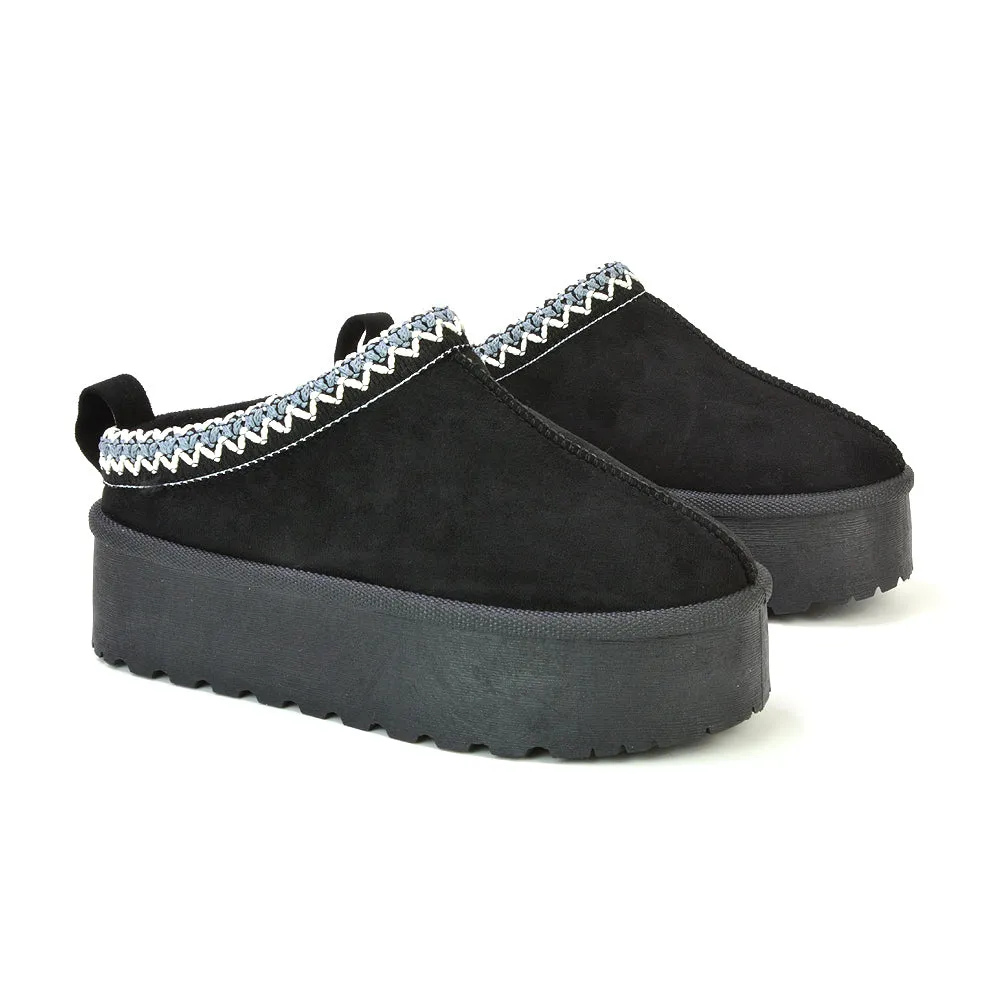 Candice Aztec Slip On Faux Fur Insole Platform Flatform Slipper Ultra Mini Boots in Mushroom