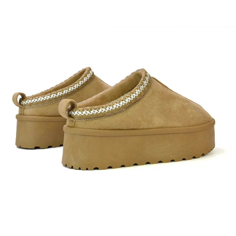 Candice Aztec Slip On Faux Fur Insole Platform Flatform Slipper Ultra Mini Boots in Mushroom