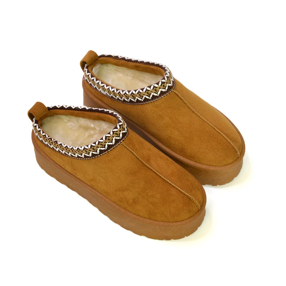 Candice Aztec Slip On Faux Fur Insole Platform Flatform Slipper Ultra Mini Boots in Mushroom