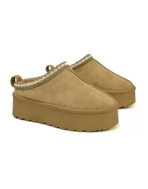 Candice Aztec Slip On Faux Fur Insole Platform Flatform Slipper Ultra Mini Boots in Sand