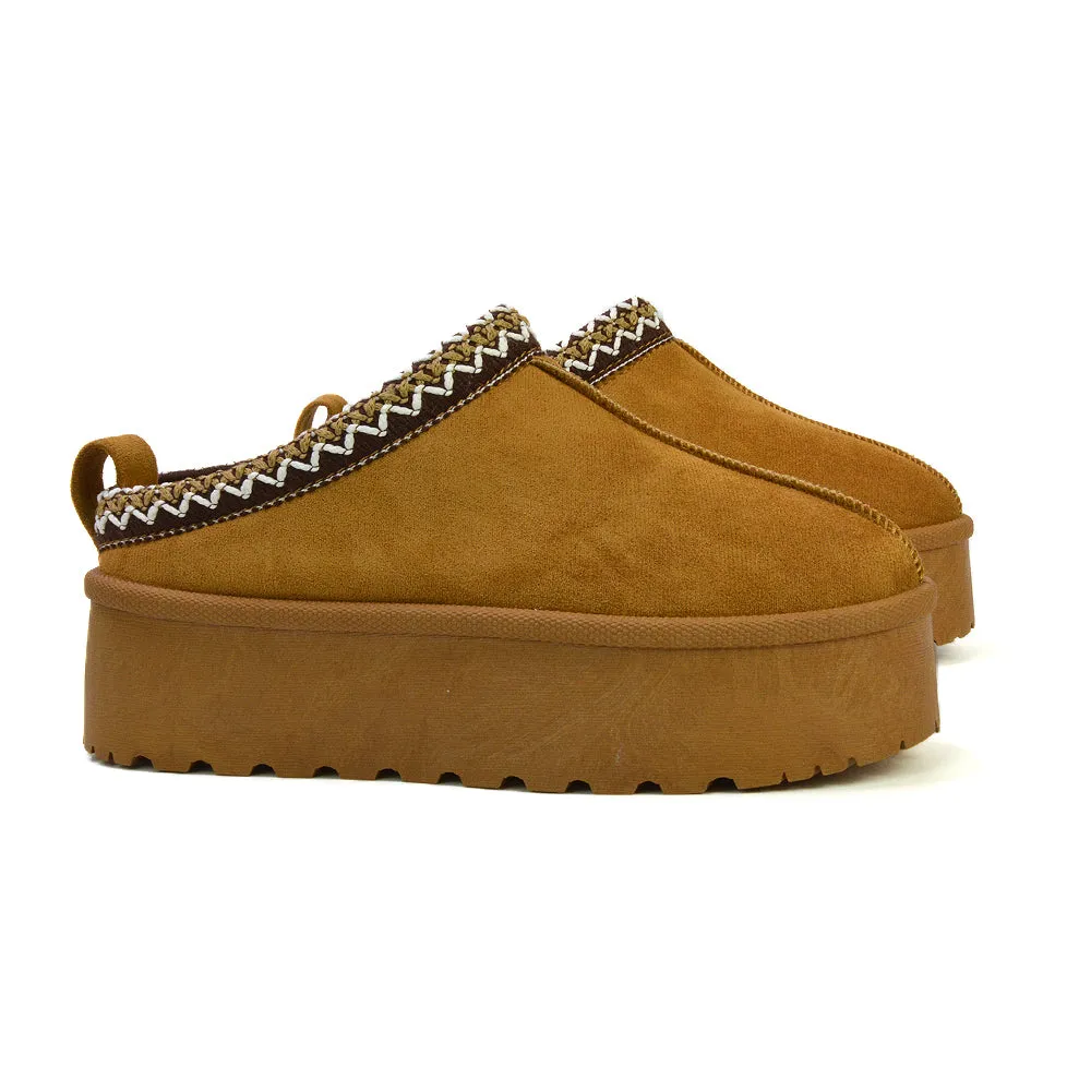 Candice Aztec Slip On Faux Fur Insole Platform Flatform Slipper Ultra Mini Boots in Sand