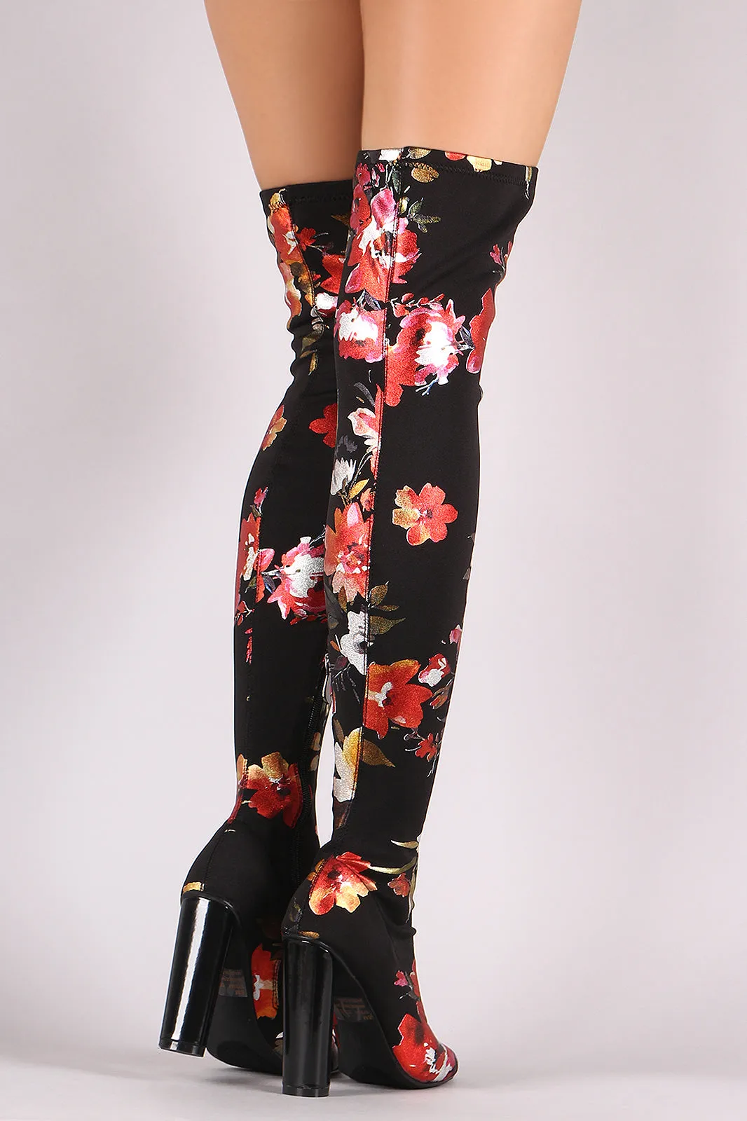 Floral Accent Chunky Heeled Over-The-Knee Boots